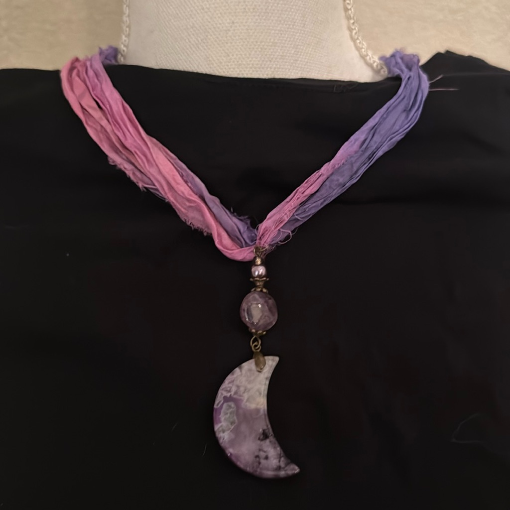 Stunning Purple Pink Natural Stone Necklace W Hand Dyed Silk Adjustable Ribbon
